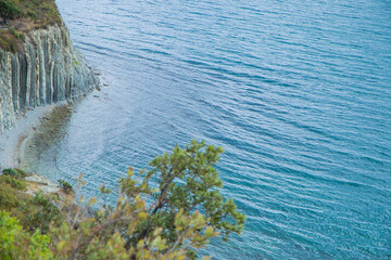Coastal cliffs rise above the calm blue waters, framed by vibrant greenery and rocky paths, showcasing the beauty of nature and the peaceful atmosphere of the seaside. High quality photo