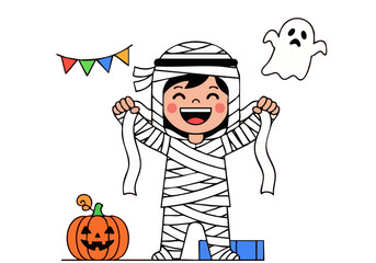 cheerful child dressed as a mummy unwraps a gift surrounded by Halloween decorations Bright playful illustration with a festive mood Perfect for seasonal marketing and social media