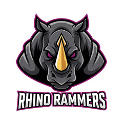 A stylized illustration of a rhinoceros head with a fierce expression, used for a team logo.