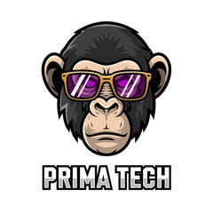Cartoon illustration of a monkey head wearing sunglasses, with "PRIMA TECH" text below, against a white background.