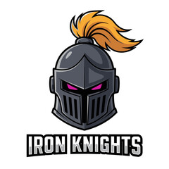 A stylized illustration of a knight's helmet, featuring a golden plume and glowing eyes, with the words "Iron Knights" below.