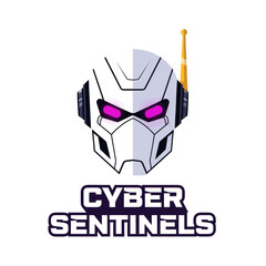 Futuristic robotic head with glowing purple eyes and an antenna, set against a white background, with the text "CYBER SENTINELS" below.