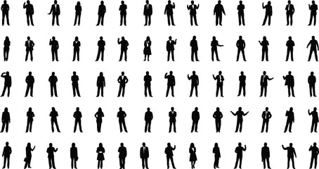 Business professional silhouette illustration, black vector design showing diverse poses, gestures, attire for corporate concept, communication theme, workplace artwork