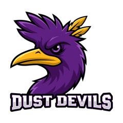 A fierce purple bird with a yellow beak and a feather crest, depicted in a stylized logo with the text "DUST DEVILS" below.