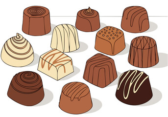 collection of decadent chocolate pralines arranged on a white surface The illustration showcases various shapes and textures evoking a sense of indulgence and luxury