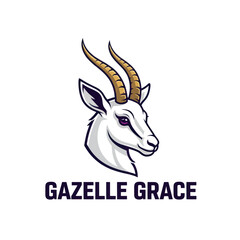 A stylized, minimalist illustration of a gazelle's head with prominent, curved horns and a white coat, set against a plain background, with the text "GAZELLE GRACE" below.