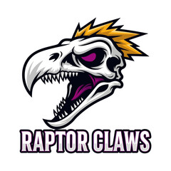 An aggressive raptor skull mascot with a yellow mohawk, glowing purple eyes, and an open jaw.