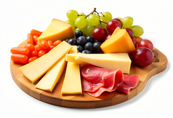 Charcuterie board with assorted cheese, meat, and grapes isolated on white background 