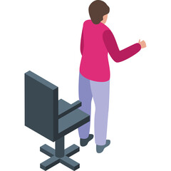 Isometric Pixel Art of a Person in a Pink Vest and Light Blue Pants Standing Next to a Dark Gray Office Chair on a Transparent Background