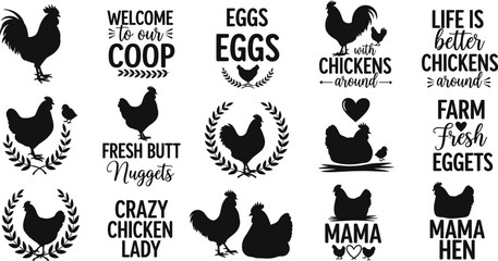 Chicken coop logo set, black and white poultry design, farm fresh vector, funny chicken quotes, rustic hen silhouette artwork © MD. NUR ISLAM