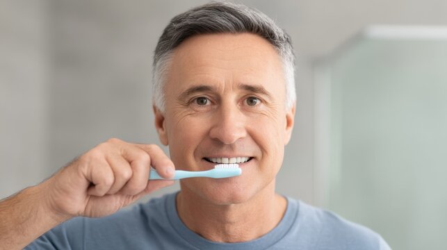Man Brushing Teeth for Preventive Care in Bright Bathroom Setting, Promoting Oral Hygiene and Health Routine