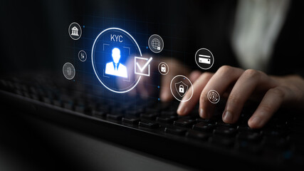Digital KYC verification with biometric scan, ID authentication, and financial security icons...