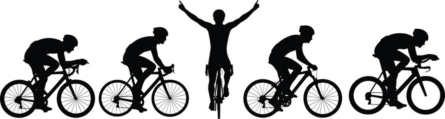 Fototapeta premium Cyclist silhouettes in racing and victory pose, black vector illustration for sports competition, athletic triumph, biking event, road cycling concept