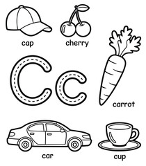 Alphabet learning page for letter c with illustrations