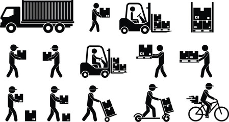 Delivery logistics icon vector set, black and white shipping illustration, package handling design, transportation service artwork, warehouse operation graphic collection