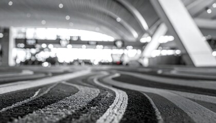Fototapeta premium Abstract grayscale airport interior focusing on foreground carpet pattern with background blurred architecture