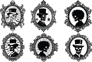 Gothic skeleton portrait vector set, black and white vintage frame illustration, Halloween character design, spooky Victorian artwork, macabre decorative graphic