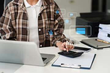 Businesswoman are calculating income-expenditure and analyzing real estate investment data at office, Accounting Financial and tax systems concept.