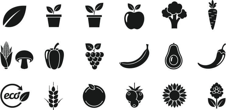 Collection of black silhouette icons representing various fruits vegetables and plants isolated on transparent background