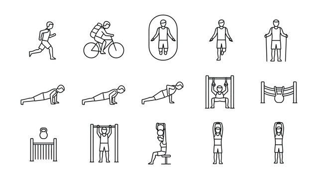 Diverse fitness activity icons. These monochrome illustrations show a range of exercises. 