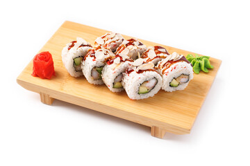 Delicious sushi rolls arranged on a wooden platter for dinner