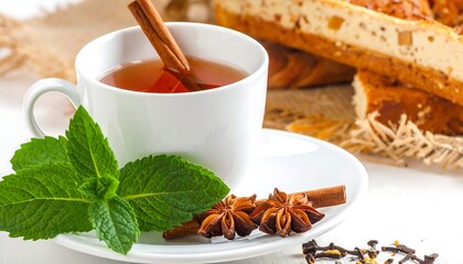 A white mug filled with tea and a cinnamon stick sits with baked goods, mint, and star anise on a white surface
