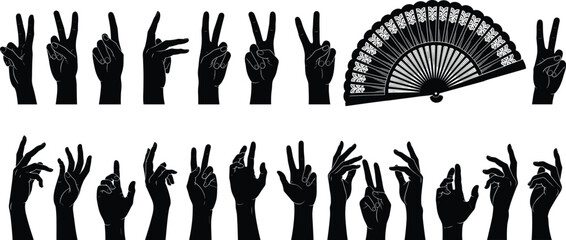 Hand gesture silhouettes, expressive sign icons, black vector illustration of symbolic poses, fan accent detail, communication design, cultural concept art