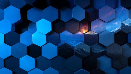 Abstract honeycomb wall, shades of blue, with nature scenes glimpsed through some of the spaces