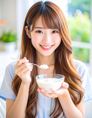 ヨーグルトを食べる若い女性