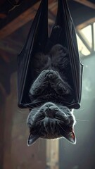 Cat in bat costume sleeping upside down from ceiling in cozy environment