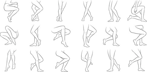 Human leg anatomy vector set, black and white lower body illustration, pose reference design, artistic figure drawing, movement study graphic