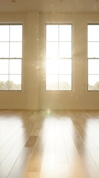 Bright Empty Studio Room With Large Windows Letting In Natural Sunlight And Sparkles Floating In The Air