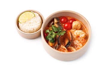 Tasty seafood dish served with fragrant rice and lime slice
