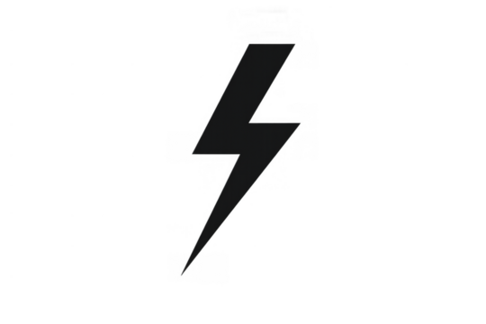 Lightning bolt fast energy power icon: black vector symbol representing electricity, speed, and warning on transparent background