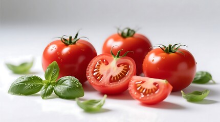 Fototapeta premium Fresh Red Tomatoes and Green Basil Leaves with Water Droplets