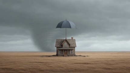 Surreal Scene of a House Under an Umbrella while a Tornado Approaches in a Dramatic Landscape with Gray Clouds and Golden Fields