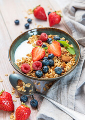 Healthy breakfast bowl with granola and fresh berries