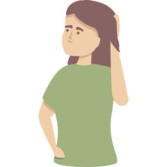 Thoughtful Cartoon Woman With Brown Hair Wearing A Green T Shirt Scratching Her Head Looking Confused With Soft Lighting And Isolated Transparent Background