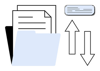 Folder and documents with upward and downward arrows suggest data transfer and file management. Ideal for organization, business workflow, document sharing, cloud storage, tech processes