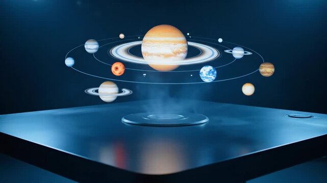 Futuristic holographic display presenting solar system model with orbiting planets and cosmic visual effects footage
