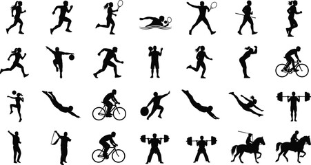 Sport activity silhouette vector set, black and white athlete illustration, dynamic motion design, fitness exercise artwork, physical movement graphic collection
