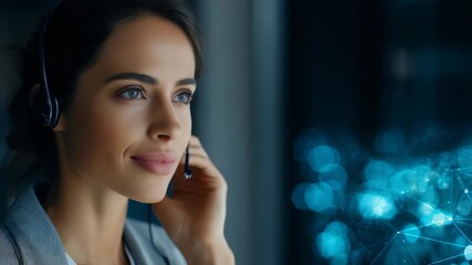 Young woman with headset smiles while working in customer service, symbolizing efficient support, advanced communication. Background features digital network, emphasizing innovation, connectivity - Powered by Adobe