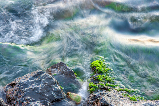 Long Exposure of Rocky Shoreline with Limu Pālahalaha Seaweed and Iridescent Waves