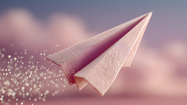 Paper plane falling downward pastel pink background symbolizing failure disappointment setback childhood nostalgia dreams hopes contrast comparison artificial intelligence generated image - Powered by Adobe