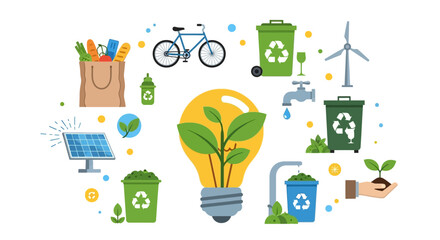 A conceptual illustration of a sustainable lifestyle with green energy and environmental conservation icons