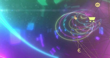 Swirling neon light trails linking wireframe sphere in digital network, with e-commerce icons