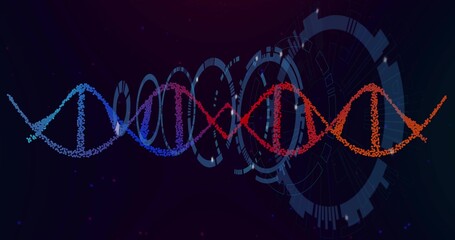 Floating DNA double helix streaming as data points in sci-fi space, with HUD circles, light specks