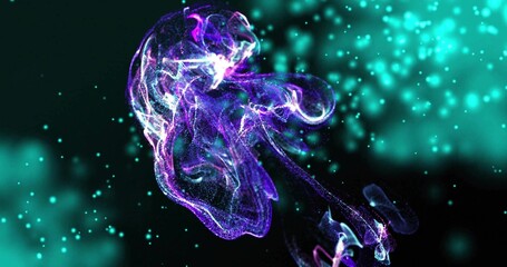 Glowing neon particles forming jellyfish-like structure in simulated void, with teal bokeh points
