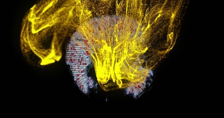 Swirling head-shaped alphanumeric mesh dancing in virtual space, vivid yellow particle streams