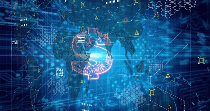 Glowing neon brain icon pulsing over digital interface with world map silhouette and circuit lines